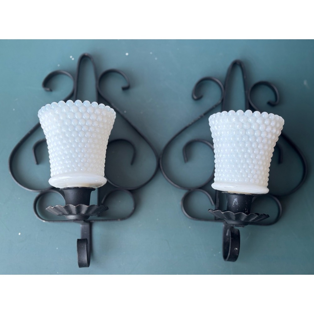 Vintage Wrought Iron Wall Sconce Pair with White Milk Glass Hobnail Peg Votives
